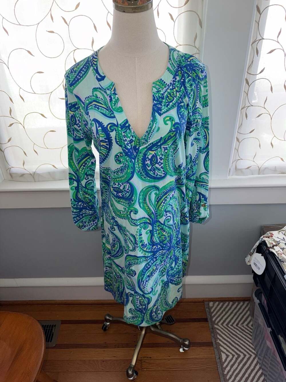 Lilly Pulitzer Hollee Pima Cotton Tunic Dress Blue Green Paisley size L